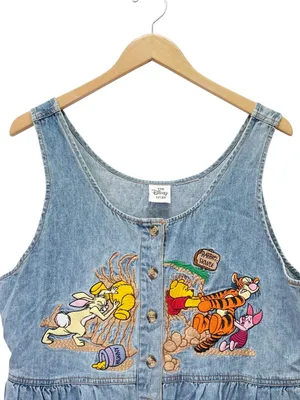 Vintage 90s Disney Store Winnie the Pooh Denim Maxi Dress Embroidered Size Large thumbnail 3
