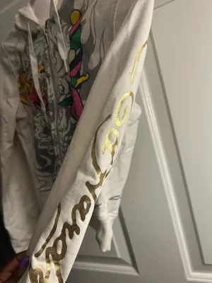 Ed Hardy Women's White Zip-Up Hoodie with Tiger and Dragon Graphic thumbnail 2