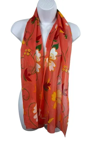 Made in Italy Orange Floral Scarf 100% Polyester Sheer Lightweight Wrap thumbnail 1