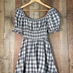 Her Entire Name Says Grace Gray White Gingham Smocked Milkmaid Mini Dress S Puff thumbnail 7