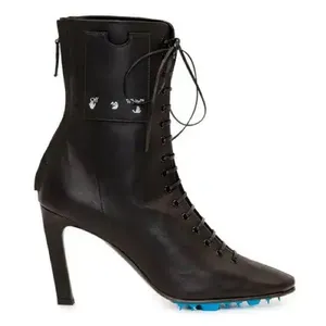OFF-WHITE Leather Lace Up Card Holder Logo Heeled Ankle Boot Black Streetwear 36 thumbnail 2