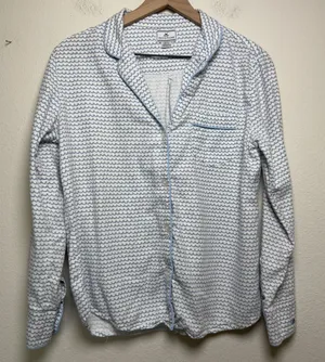 Petite‎ Plume Women 100% Cotton Pajama Top S Blue White Scallop Wave Button Down thumbnail 1