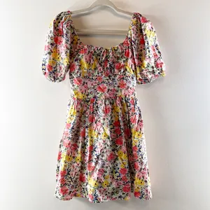 Gap Floral Puff-Sleeve Square Neck Smocked Babydoll Mini Dress Multicolor XS thumbnail 3
