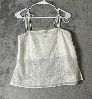 Aur Society Cream Embroidered Eyelet Tie Strap Babydoll Top Size M New Cottage thumbnail 1