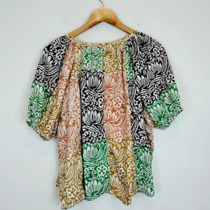 Roller Rabbit mixed print orange green brown &white boho patterned cotton top. L thumbnail 4