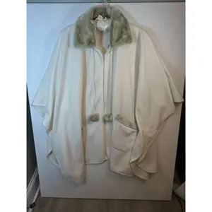 Le Moda Ivory Fleece Faux Fur Trim Zip Cape Poncho Pom Poms Pockets One Size NWT thumbnail 14