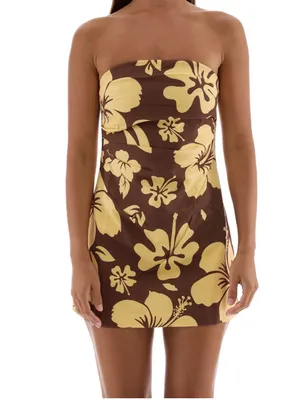 The Siesta Club Strapless Floral Summer mini Dress in Brown and Yellow thumbnail 5