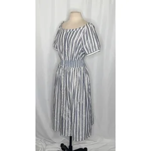 Anthropologie SEEN WORN KEPT Jenna Lurex Stripe Dress Blue White‎ Midi Size 12 thumbnail 6