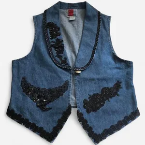 90s Vintage Western Embroidered navy blue jean denim jacket gilet vest black beading #countrychic #boho #indie Size M, Measurement in pics thumbnail 1