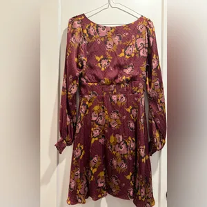 Free People Burgundy Floral‎ Long Sleeve Mini Dress Size 8 thumbnail 3