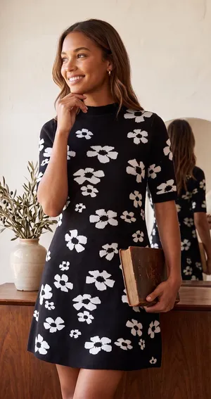 Scoop Black White Floral Knit Mock Neck Mini Sweater Dress SC2502152CM Womens M thumbnail 1