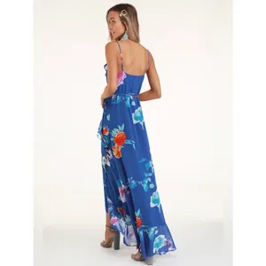 Lulus NWT Women Large Royal Blue Ladean Floral Print Ruffled Wrap Maxi Dress thumbnail 3