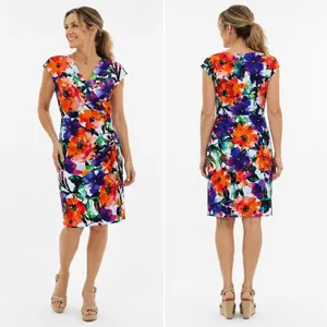 Lauren Ralph Lauren Floral Ruched Sheath Dress Orange Purple Blue Size‎ 8 thumbnail 2