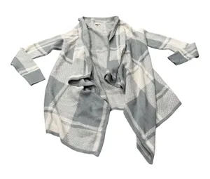 Merona Women’s Plaid Knit Cardigan Open Front Gray/Cream Size Medium thumbnail 1