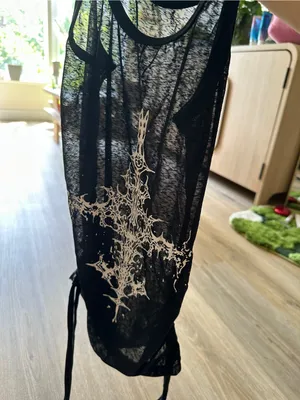 Black mesh tank top with white ornate cross graphic and adjustable tie ruching thumbnail 5