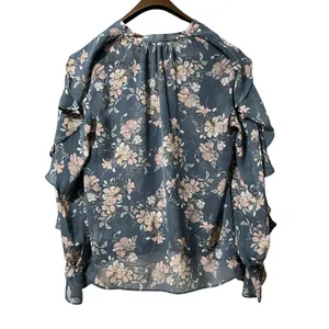 VICI Womens Size Small Blue Long Ruffle Sleeve Boho Floral Blouse‎ Peasant City thumbnail 2
