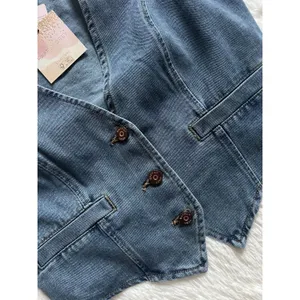 NWT Happily Grey Denim Vest Medium Wash Button Front Cropped Waistcoat Size M thumbnail 3