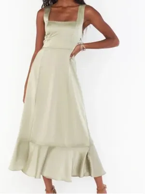 Show Me Your Mumu Claire Midi Boho Dress Moss Green Luxe Satin S thumbnail 2