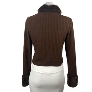 H&M Women's Brown Ribbed Knit Faux Fur Full Zip Cardigan Sweater Top Size M thumbnail 4