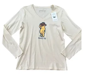 Life is Good Giddy Up Winnie the Pooh‎ Bear V-Neck Long Sleeve Shirt Cream NEW thumbnail 1