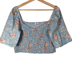 American Eagle Blue Floral Smocked Square‎ Neck Cropped Blouse Top Size L thumbnail 1