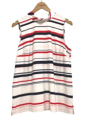 Ann‎ Taylor Factory Womens Mock Neck Sleeveless Striped Blouse Red Navy White M thumbnail 1