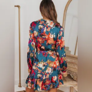 NEW Deep Turquoise Abstract Multicolor Print Belted Ruffle Satin Mini Dress thumbnail 3