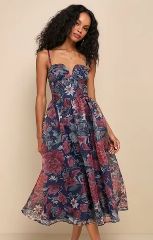 NWT Lulus Cherished Aura Navy Blue Floral Organza Bustier Midi Dress Sundress L thumbnail 1