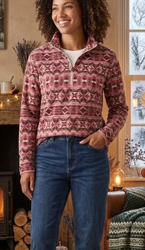 D&Co. Pink Snowflake Patterned Fleece Quarter Zip Pullover Size M Size M thumbnail 1