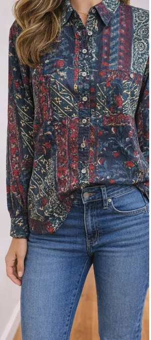 Lauren Ralph Lauren Button Up Shirt Women Navy Red Multi Patchwork Blouse Large thumbnail 1