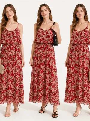 TTI Floral Off Shoulder Chiffon Red Maxi Dress Size Small thumbnail 2
