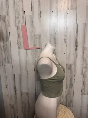 The Classic USA Ribbed Ladder Cutout Cami Crop Top Womens L Olive Sage Green thumbnail 7