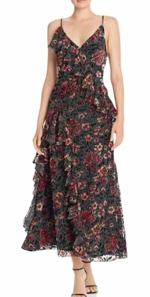 Jill Stuart Ruffled Floral 3D Velvet Floral Maxi Dress Size 6 thumbnail 1