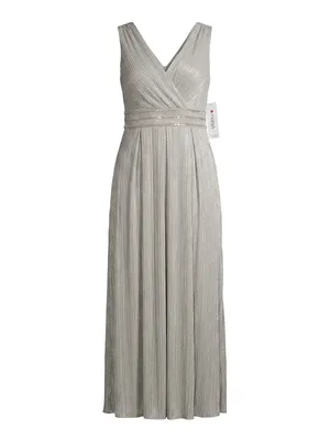 R&M Richards Silver V-Neck Pleated Maxi Dress with Beaded Waist. Size 14 thumbnail 2