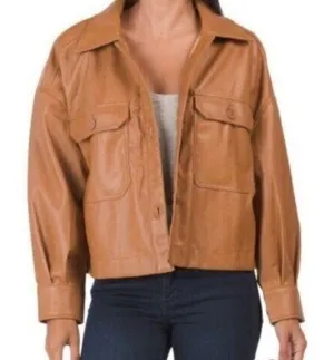 Bagatelle Collection Tan faux leather button jacket button down casual collared thumbnail 1