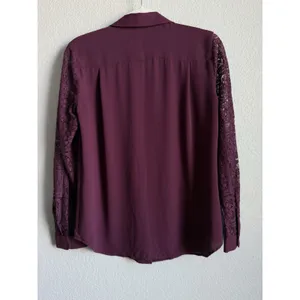 Ann Taylor LOFT Plum Burgundy Lace Sleeve Button Down Blouse Shirt Romantic Goth Witchy S thumbnail 6