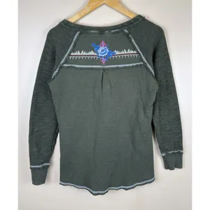 Paparazzi Women's Size M Green Floral Embroidered Top Long Sleeve Stretch Boho thumbnail 4