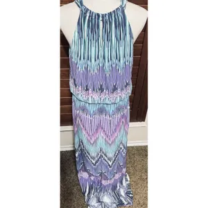 Chico's Purple Teal Ikat Chevron Maxi Dress Halter Blouson Size 1 M/L thumbnail 4