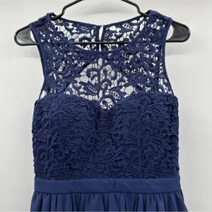 Lulus Romantic Tale Navy Blue Crochet Lace Open‎ Back Mini Skater Dress Size M thumbnail 4