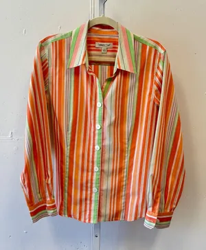 Y2K Coldwater Creek Large Orange Green Striped Cotton‎ Button Down Shirt H33599 thumbnail 1