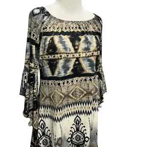 Parker Mini‎ Dress XS Black Gray Tan Gold Abstract Stretch Bell Sleeve Boho Chic thumbnail 4