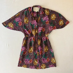 Champagne & Strawberry Silk Floral Paisley Mini Dress Womens Small Burgundy Boho thumbnail 3