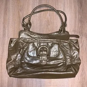 Gold Pewter metallic faux leather buckle handbag thumbnail 1