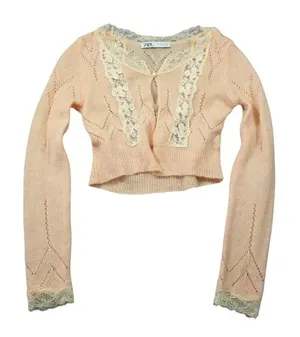 ZARA Peach Pointelle‎ Lace Trim Cropped Cardigan Sweater Delicate Cottagecore thumbnail 1