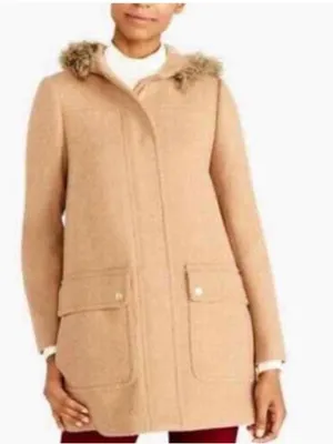 J. Crew Vail Parka Camel Hooded Wool-Blend Pea Coat with Faux-Fur Trim thumbnail 1