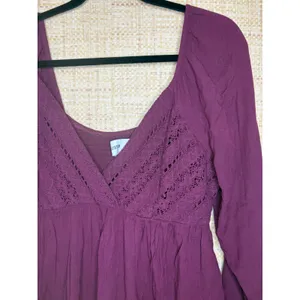 Hollister Burgundy Crochet Lace Smocked Back Babydoll Top XL Long Sleeve Plum thumbnail 2