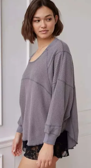 Out From Under Cleo Cozy Thermal Oversized Top Waffle‎ Knit Scoop Neck Gray XS thumbnail 1
