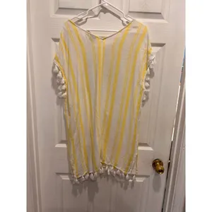C&C California Women Yellow White Striped Tassel Trim Swim Cover Up Tunic Large thumbnail 5