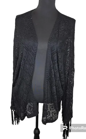 POL Black‎ Crochet Knit Fringe Sleeve Cardigan thumbnail 1