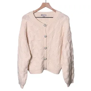 J. Crew Wool Alpaca Cable Knit Cardigan Sweater Jewel Buttons Cream Beige Medium thumbnail 3